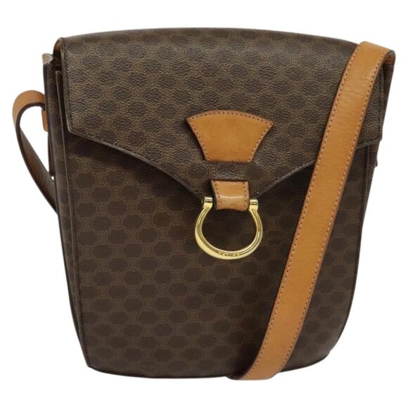 CELINE Macadam Canvas Shoulder Bag PVC Leather Brown Gold Auth yk17805 - Picture 1 of 15